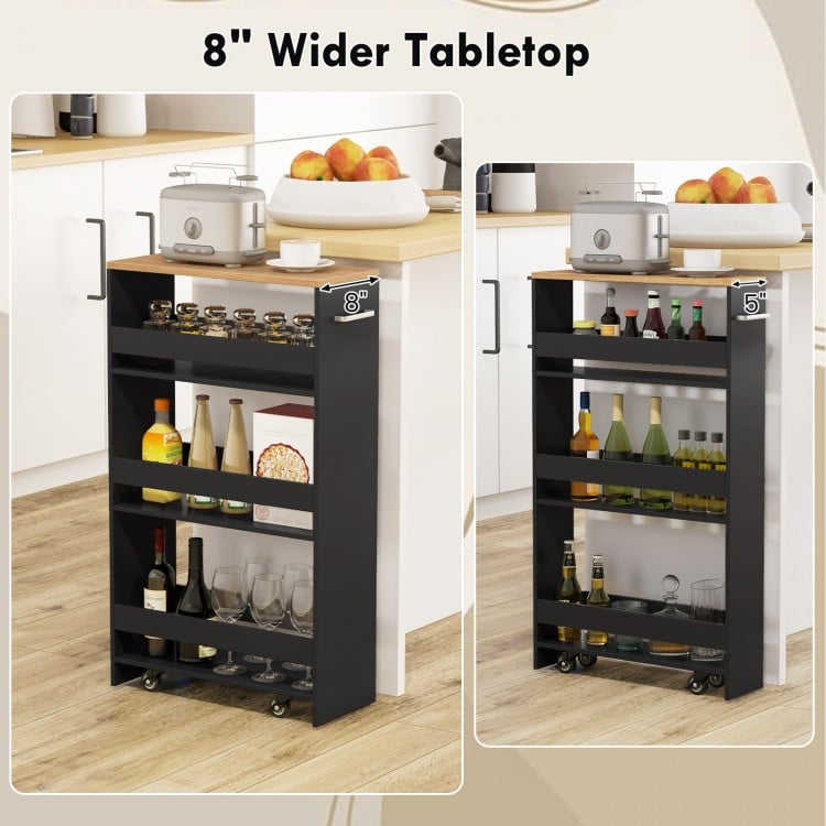 4-Tier Rolling Storage Cart Slim Kitchen Cart on Wheels with Open Shelves and Handle-Black