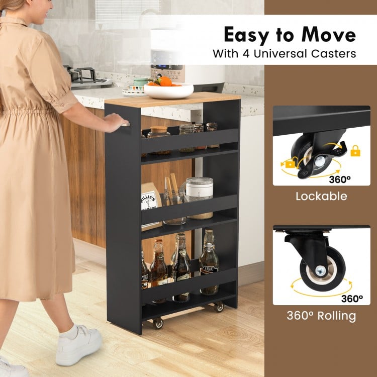 4-Tier Rolling Storage Cart Slim Kitchen Cart on Wheels with Open Shelves and Handle-Black