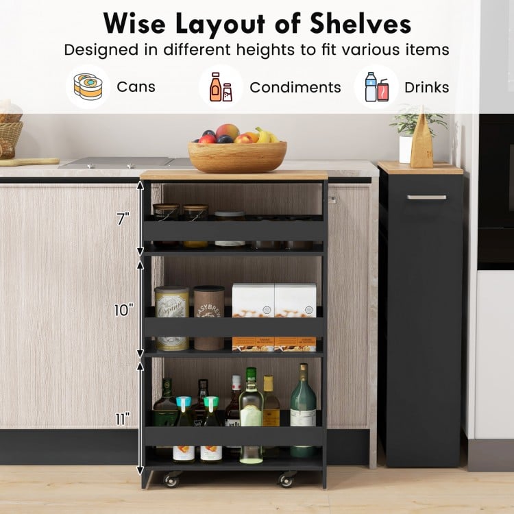 4-Tier Rolling Storage Cart Slim Kitchen Cart on Wheels with Open Shelves and Handle-Black
