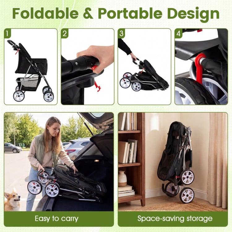 4 Wheel Pet Stroller for Small Dogs Cats up to 33 LBS-Black