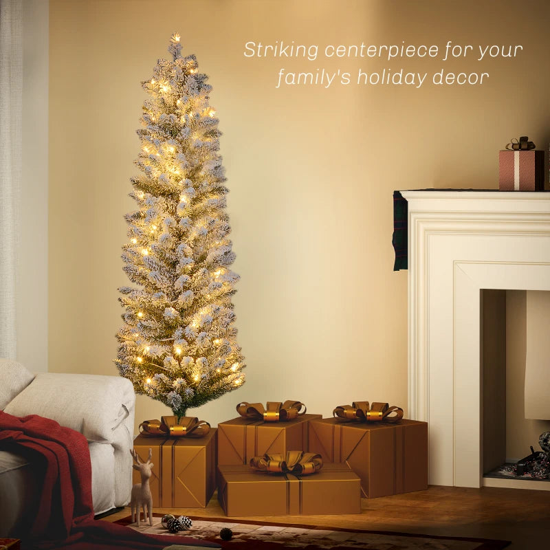 HOMCOM 5FT Prelit Pencil Christmas Tree with Warm White LED Lights, Slim Artificial Snow Flocked Xmas Tree with Metal Base 