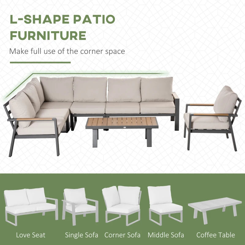 Outsunny 6-Piece L-shaped Patio Furniture Set for 7, Aluminium Conversation Set Sectional Corner Sofa Set with Widened Seat, Teak Wood Top Coffee Table & Cushions, Cream White