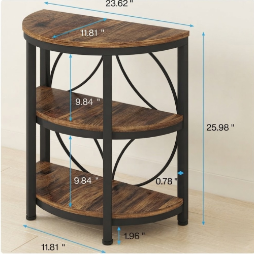 23.62" Half-Round End Table, 3-Tier Narrow Side Table with Metal Frame, Rustic Brown Half-Moon Sofa Table
