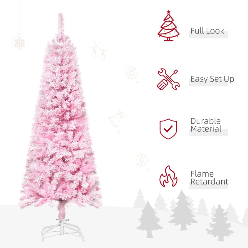 HOMCOM 5ft Snow-Flocked Artificial Christmas Tree – Slim Pencil Design, Realistic Branches, Auto Open, Steel Base, Pink 