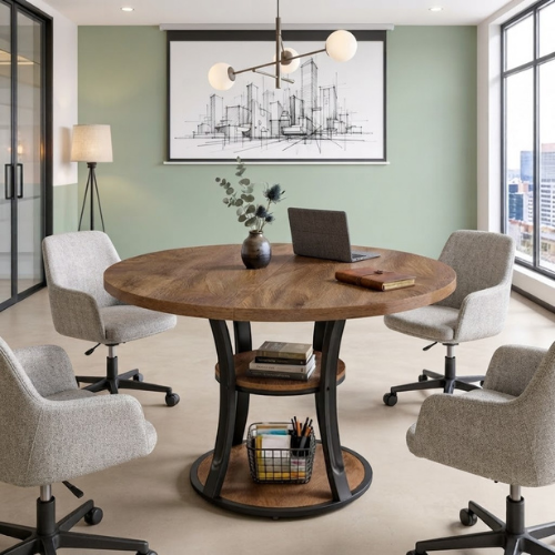39" Round Conference Table Modern Meeting Room Table with Storage Shelf Metal Base for 2-4 People Industrial Rustic Brown Black
