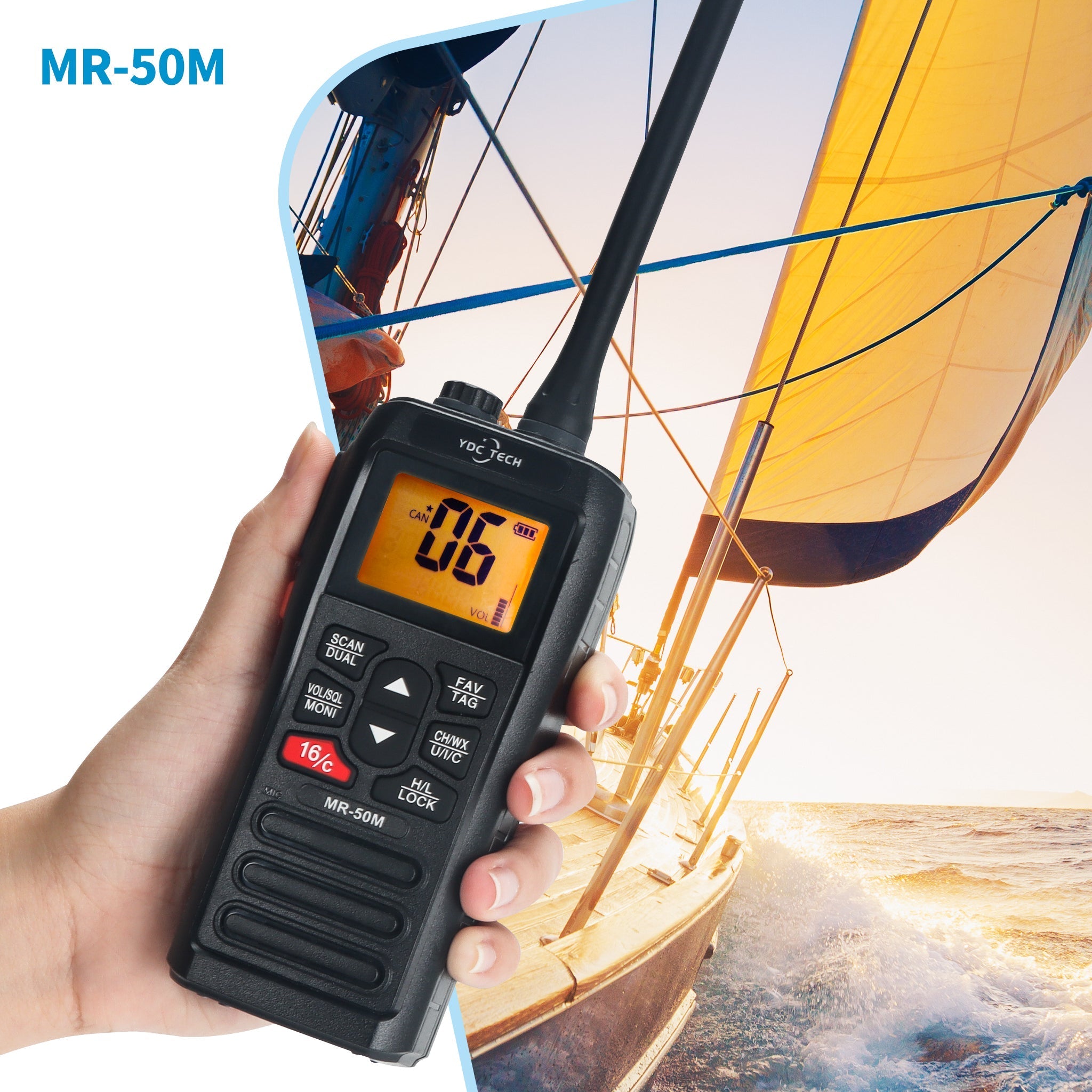 YDC TECH® MR-50M Handheld Waterproof VHF Marine Radio, Long Range, USB Charging, Floating, IPX7 Waterproof 
