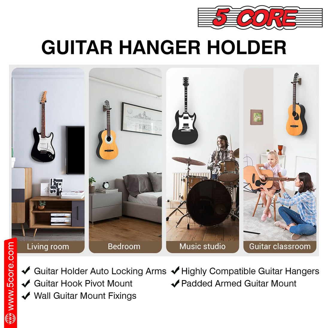 5Core Guitar Wall Mount Hanger – Adjustable Display Hook with Hardwood Base for Secure Instrument Storage