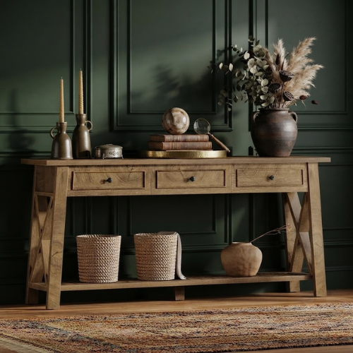70.8" Console Table with 3 Storage Drawers, Long Sofa Table Behind Couch with Shelf, Farmhouse Entryway Table Brown