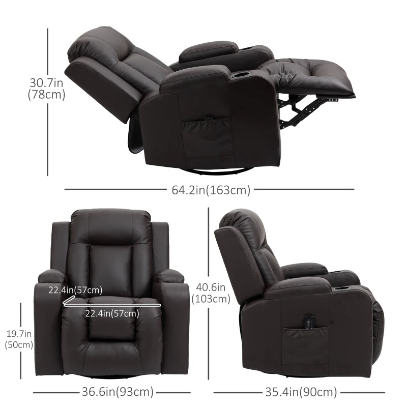 HOMCOM Massage Recliner Chair for Living Room with 8 Vibration Points, PU Leather Manual Reclining Chair with Cup Holders, Swivel Base, Rocking Function, Brown