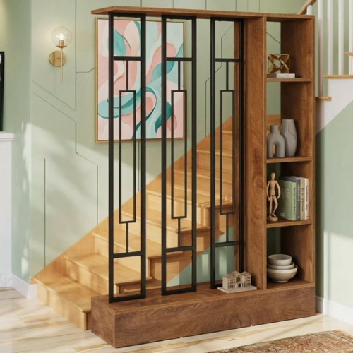 70.9" Freestanding Room Divider with Shelves, Modern Open-Shelf Wall Partition, 4-Tier Display Shelf for Living Room & Office