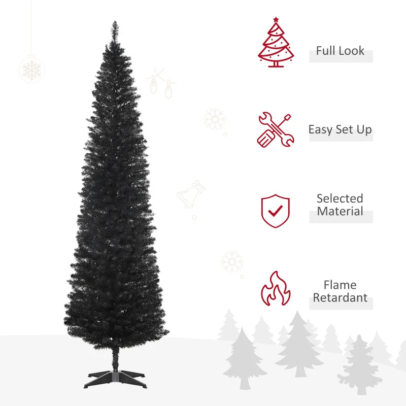 HOMCOM 7FT Artificial Christmas Tree, Pencil Christmas Tree with Realistic Branches, Stable Stand, Black 