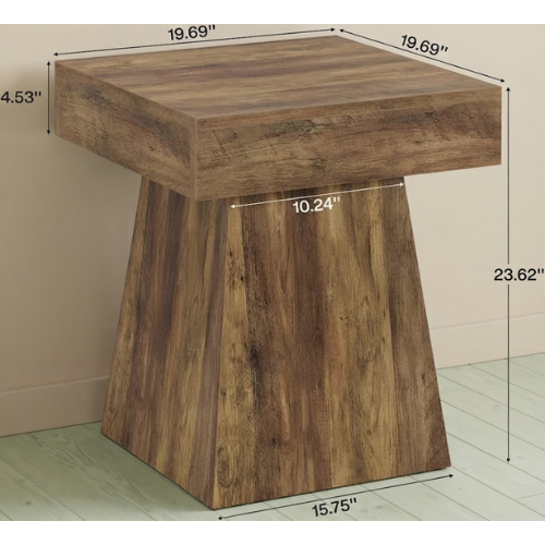 19.7" Mushroom Shape Side Table, Rustic Square End Table with Wide Pedestal Base for Living Room, Bedroom & Office