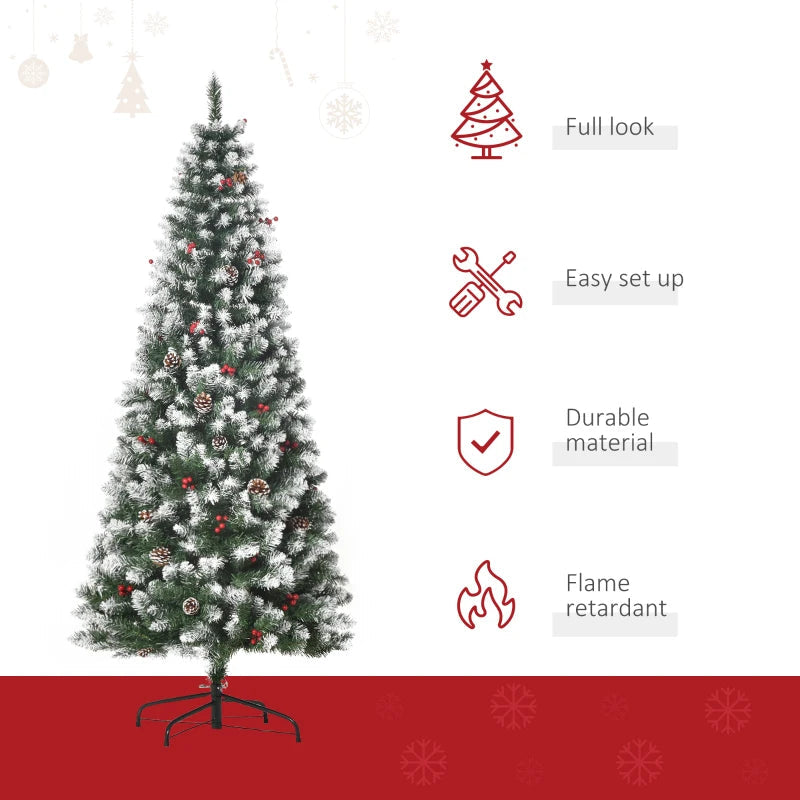 HOMCOM 6ft Decorated Flocked Artificial Christmas Tree – Red Berries, Pine Cones, Pencil Shape, Green 