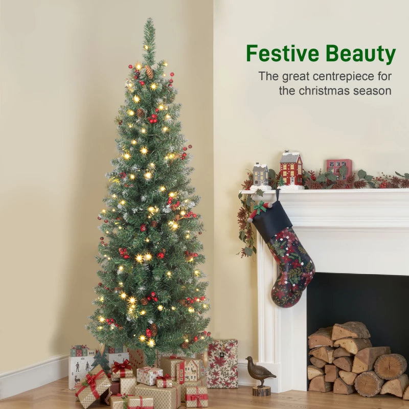 HOMCOM 5FT Prelit Pencil Christmas Tree with LED Lights, Slim Silver Glitter Xmas Tree with Dense Branches & 8 Lighting Modes 