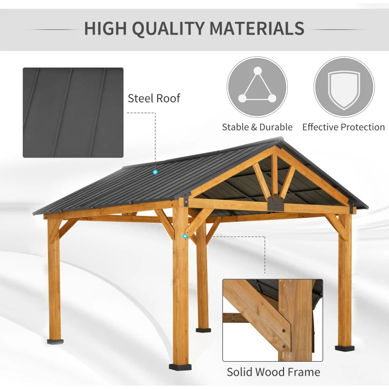 Outsunny 11' x 13' Wooden Gazebo Canopy Outdoor Sun Shade Shelter w/ Steel Roof, Solid Wood, Black & Natural