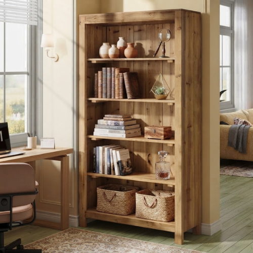 70.87" 6-Tier Solid Wood Bookshelf, 35.43" Wide Freestanding Bookcase with Rustic Walnut Finish