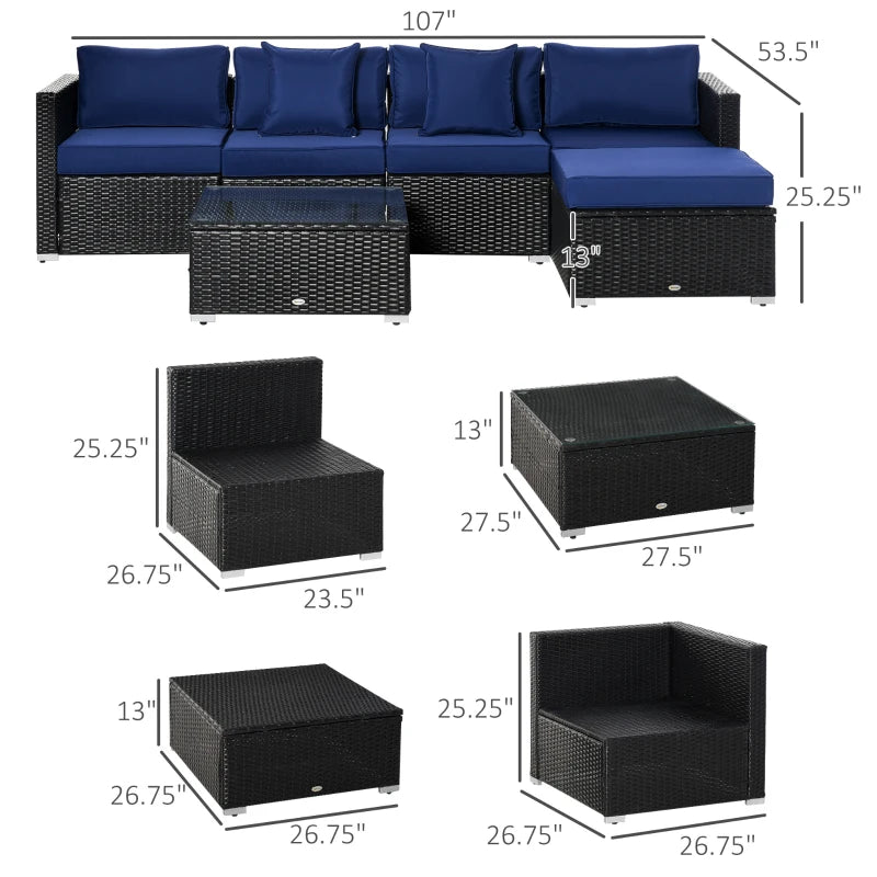 Outsunny 6 Pieces Outdoor PE Rattan Wicker Patio Furniture Sofa Set with Thick Cushions, Deluxe Garden Sectional Couch with Glass Top Table, Black and Dark Blue