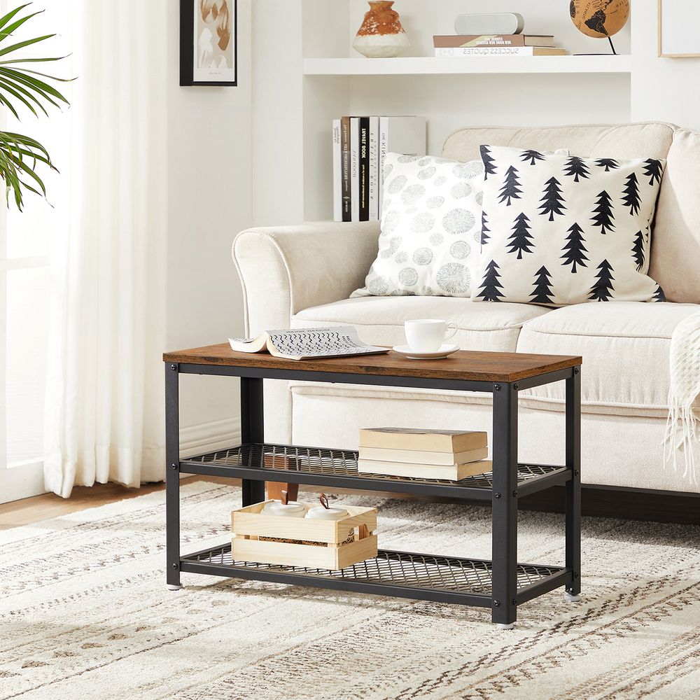 VASAGLE Shelf Storage Bench with Metal Mesh Shelves and Seat 
