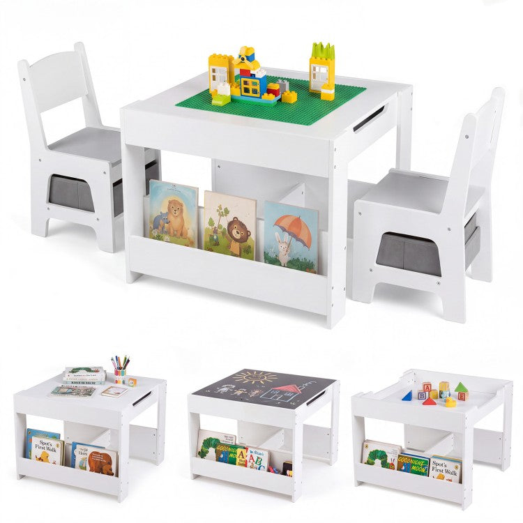 4-in-1 Kids Table & 2 Chairs with Reversible Tabletop, Building Block Board & Storage – Gray/Natural/Pink