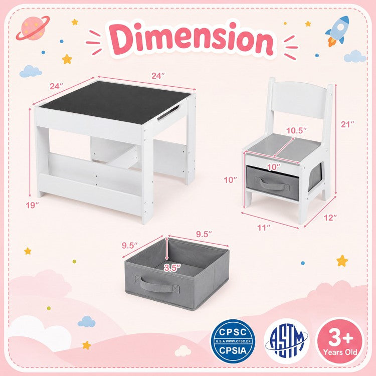 4-in-1 Kids Table & 2 Chairs with Reversible Tabletop, Building Block Board & Storage – Gray/Natural/Pink