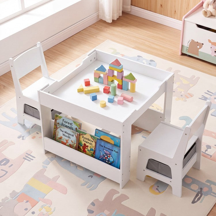 4-in-1 Kids Table & 2 Chairs with Reversible Tabletop, Building Block Board & Storage – Gray/Natural/Pink