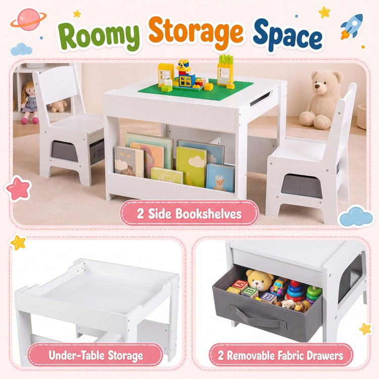 4-in-1 Kids Table & 2 Chairs with Reversible Tabletop, Building Block Board & Storage – Gray/Natural/Pink