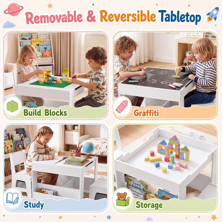 4-in-1 Kids Table & 2 Chairs with Reversible Tabletop, Building Block Board & Storage – Gray/Natural/Pink