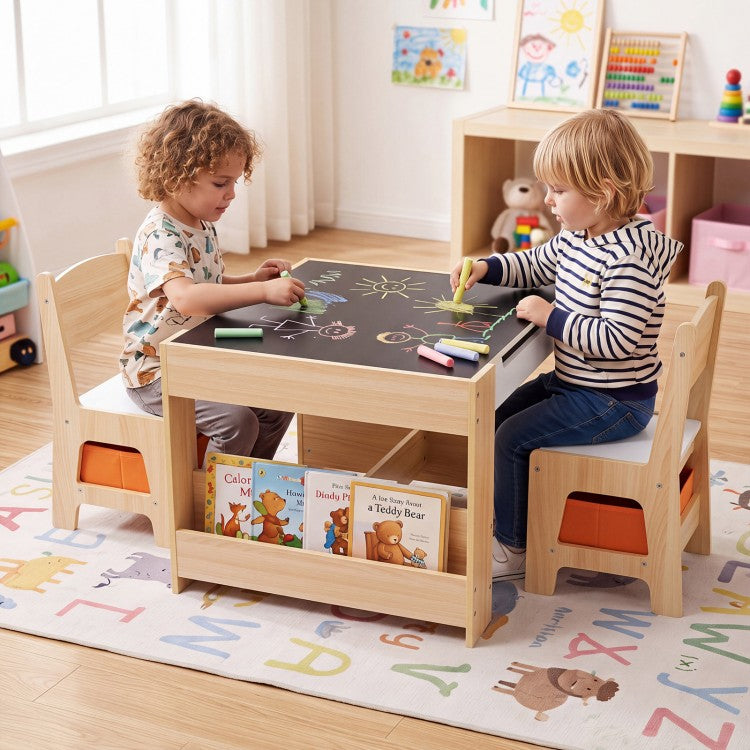 4-in-1 Kids Table & 2 Chairs with Reversible Tabletop, Building Block Board & Storage – Gray/Natural/Pink