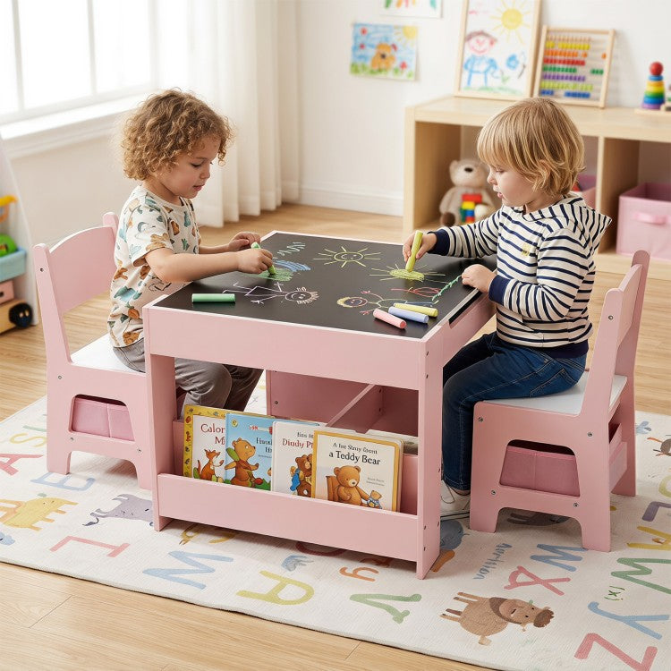 4-in-1 Kids Table & 2 Chairs with Reversible Tabletop, Building Block Board & Storage – Gray/Natural/Pink