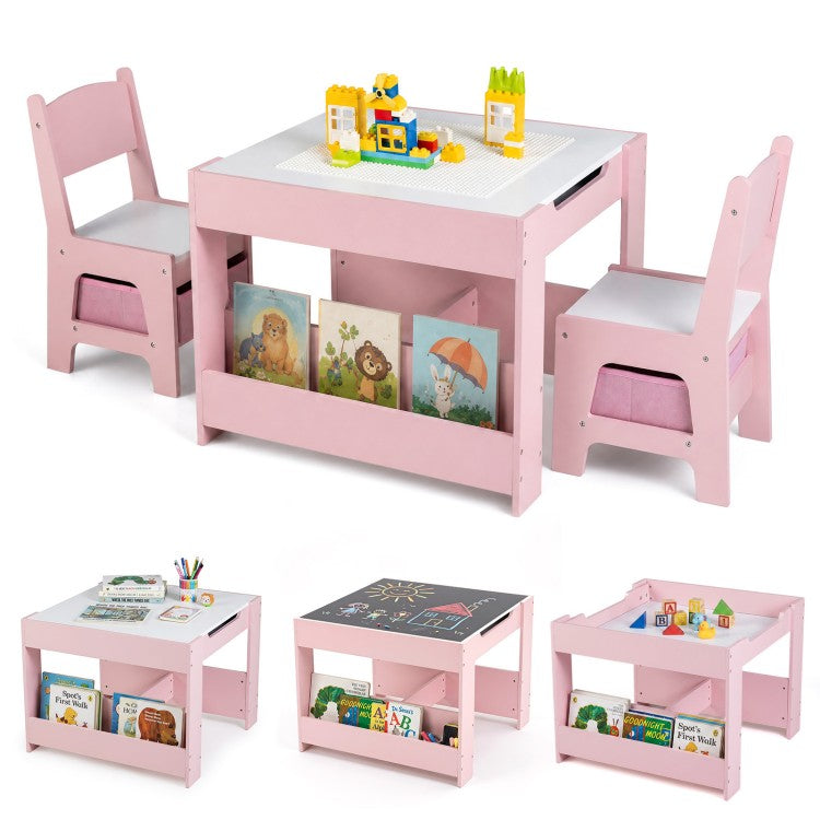 4-in-1 Kids Table & 2 Chairs with Reversible Tabletop, Building Block Board & Storage – Gray/Natural/Pink