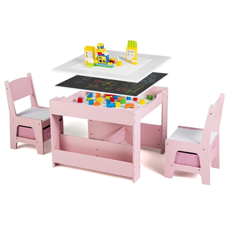 4-in-1 Kids Table & 2 Chairs with Reversible Tabletop, Building Block Board & Storage – Gray/Natural/Pink