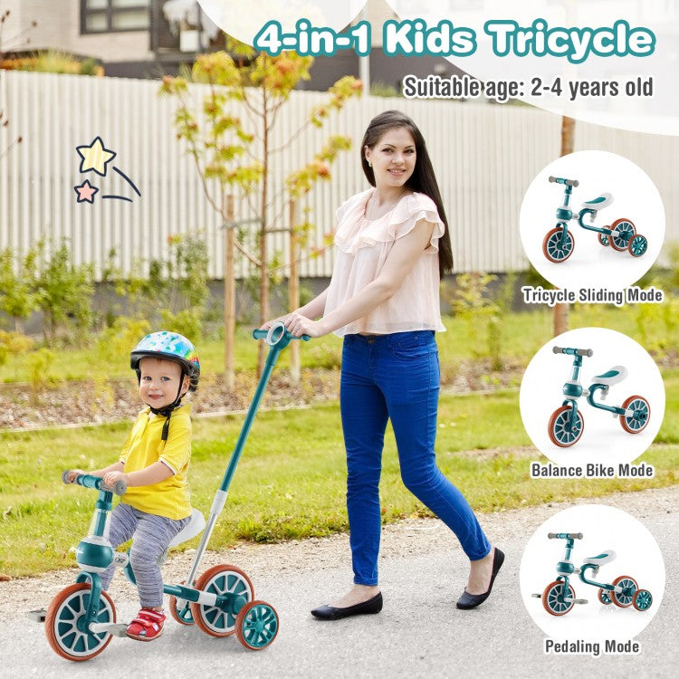 4-in-1 Kids Tricycle with Adjustable Parent Push Handle, Balance Bike & Training Trike for Ages 2–4