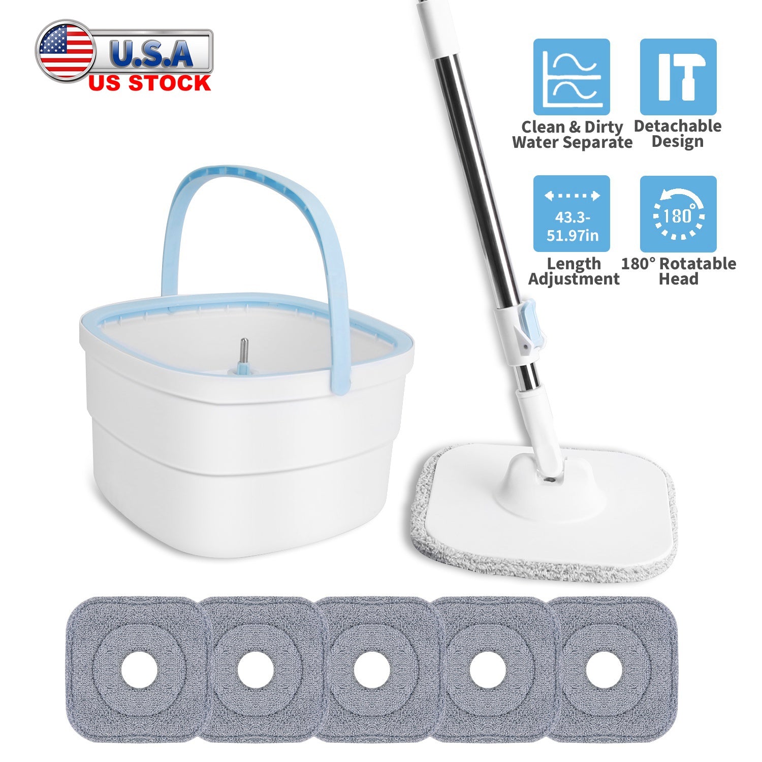 Spin Mop and Bucket with Wringer Set Flat Floor Mop with Clean and Dirty Water Separate System 2 Replaceable Reusable Washable Microfiber Mop Pads