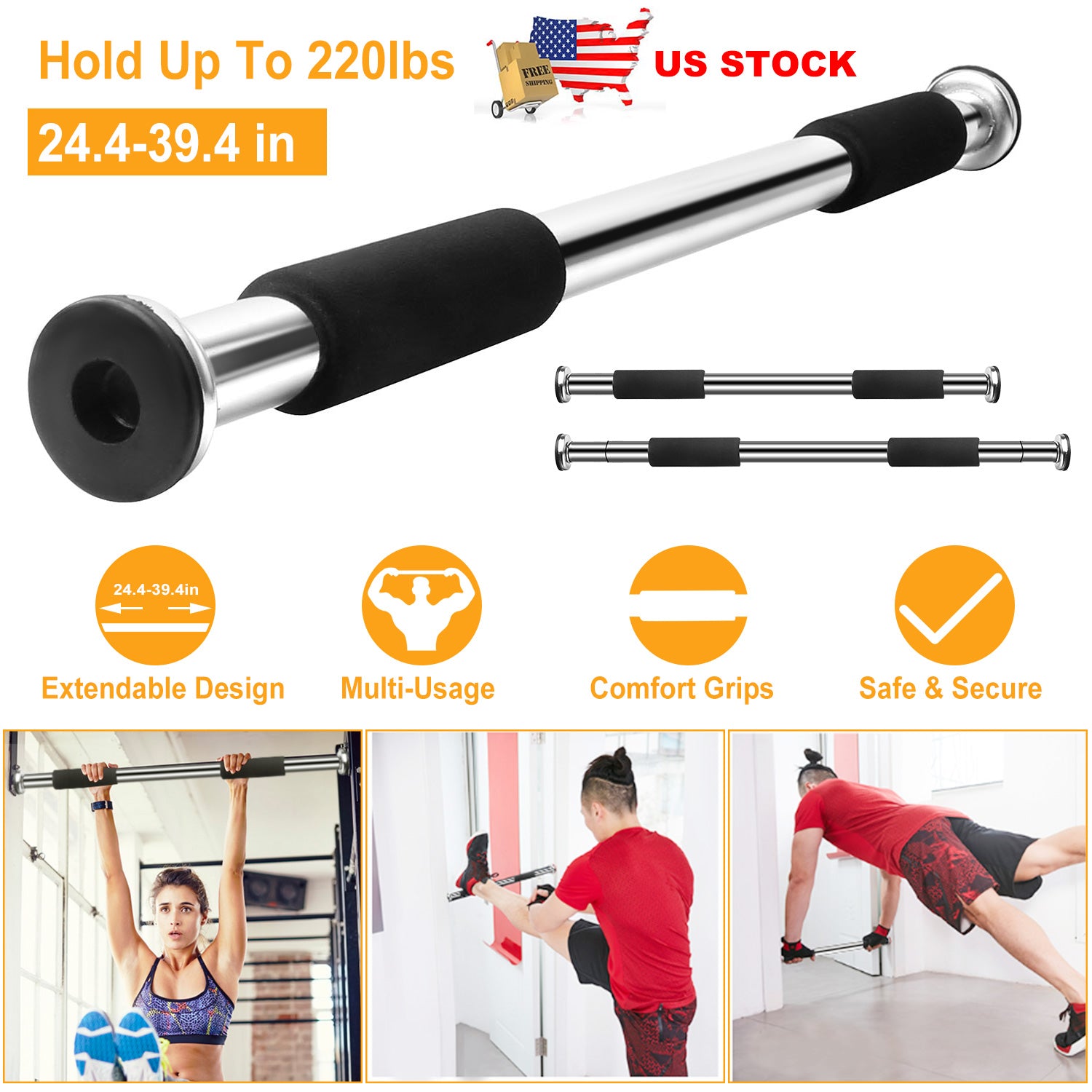 Doorway Pull Up Bar Exercise Gym Chin up Bar With Screws 24.4 To 39.4 Inches Adjustable Comfort Foam Grips For Door Home Exercise Workout Training Fit 