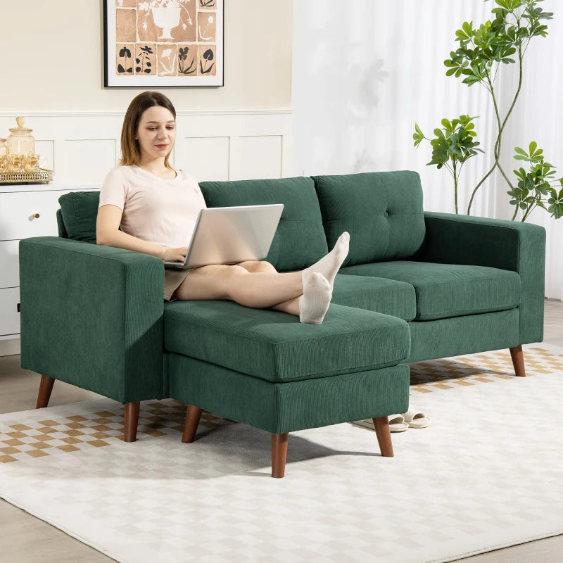 Sectional Sofa with Changeable Chaise Lounge, 3 Seat L-Shaped Sofa, Upholstered Couch for Small Space, Dark Green