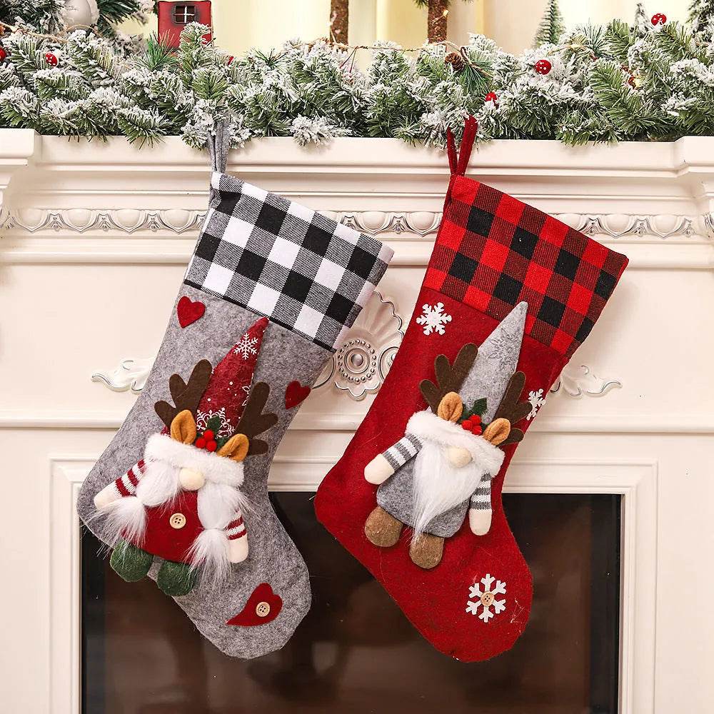 Plaid Three-dimensional Couple Faceless Doll Christmas Stockings Christmas Eve Gift Bag Candy Bag 
