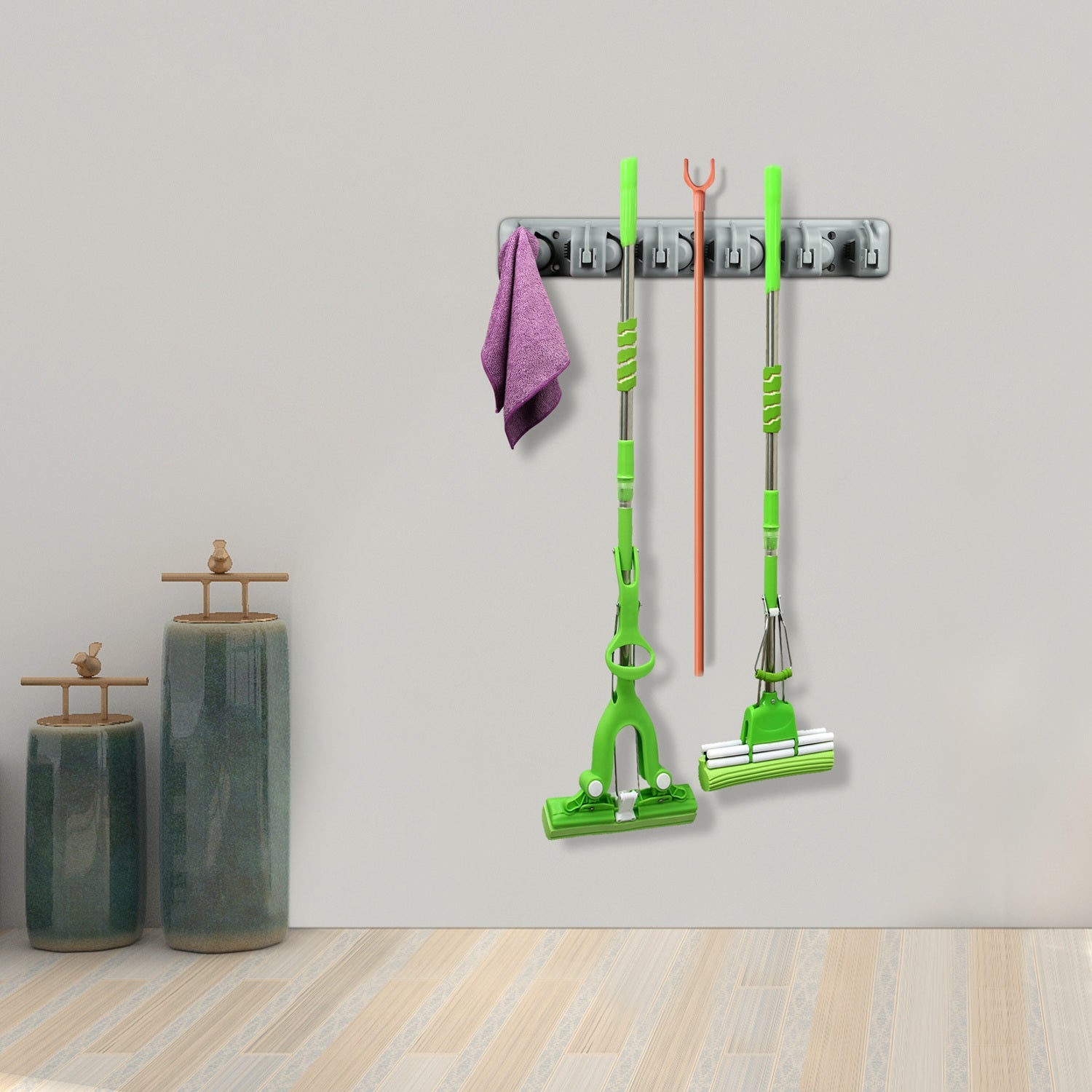 Mop Holder Wall Mount Mop Broom Holder Mop Hanger Organizer Storage Rack w/ 5-Position for Home Bathroom Kitchen Garage