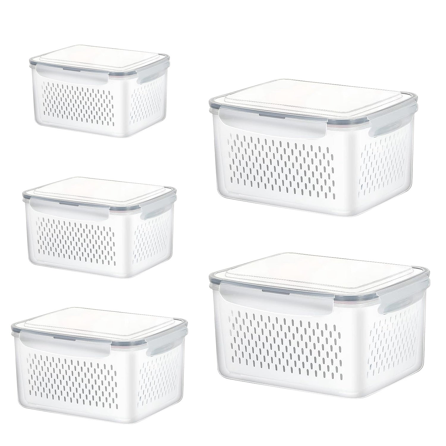 5Pcs Fruit Vegetable Containers with Removable Drain Basket Leakproof Lid Stackable Food Storage Organizer for Fridge Dishwasher Safe 