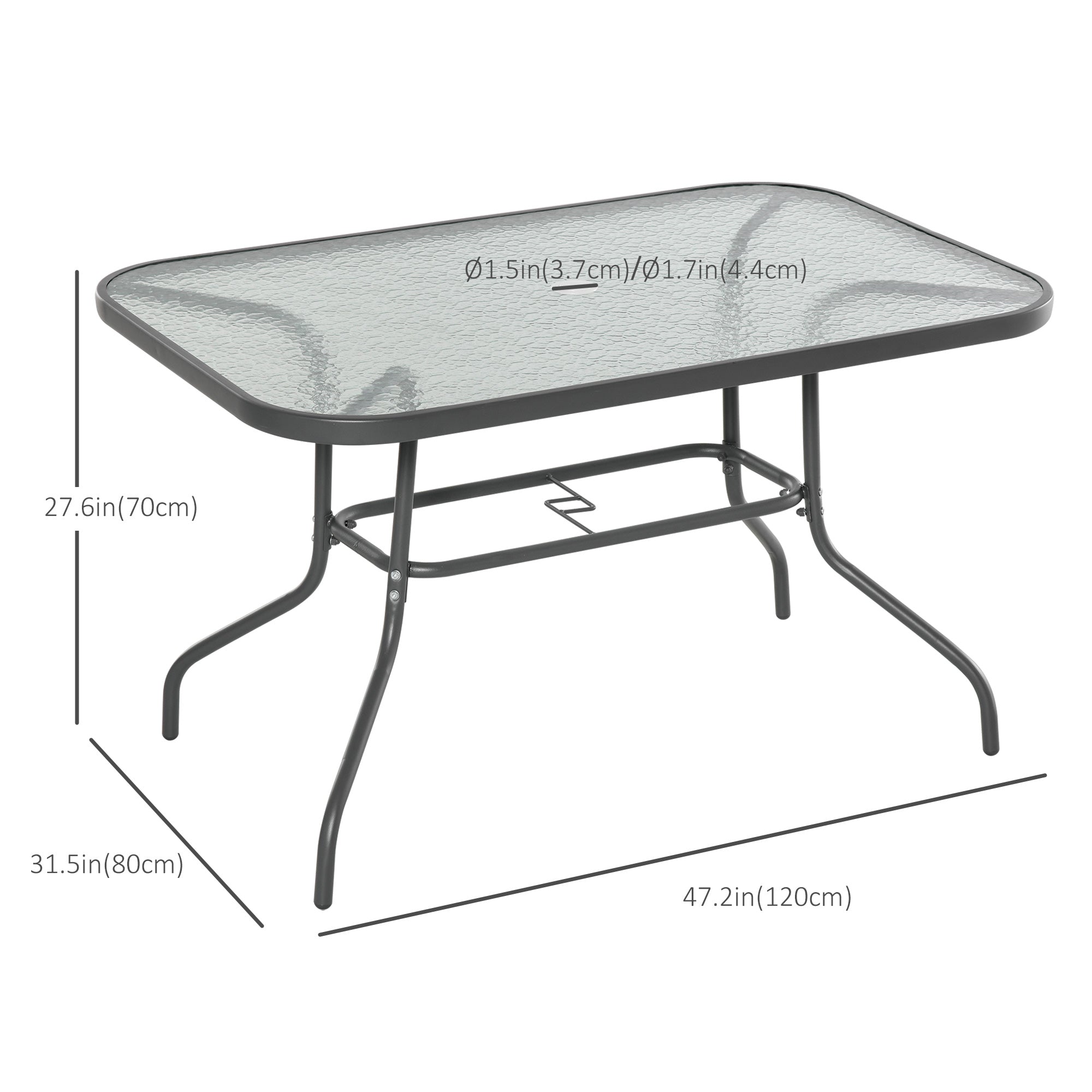 Outsunny Outdoor Patio Dining Table Metal w Tempered Glass Top Umbrella Hole Garden Furniture 47.25" x 31.5" 
