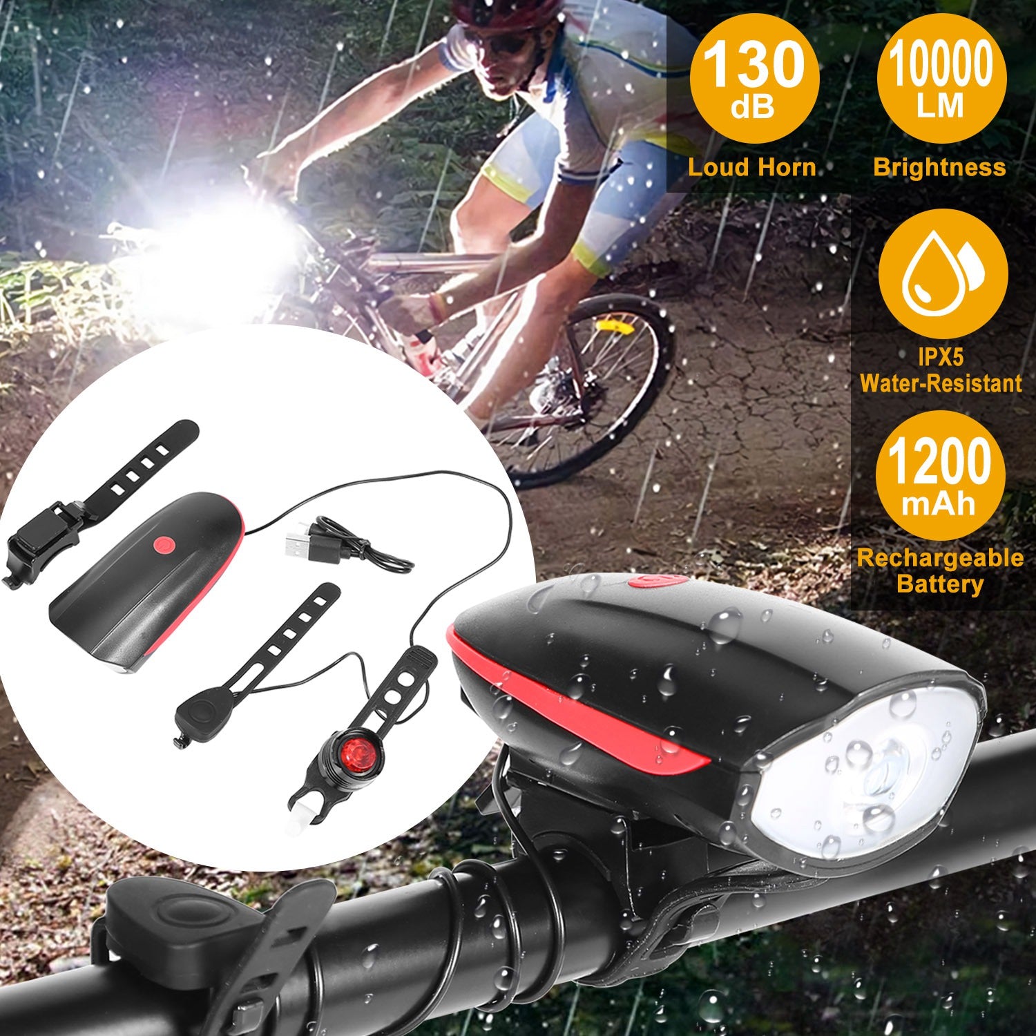 10000lm Bike Headlight USB Rechargeable LED Bicycle Front Light Rear Tail Light with 130dB Loud Horn