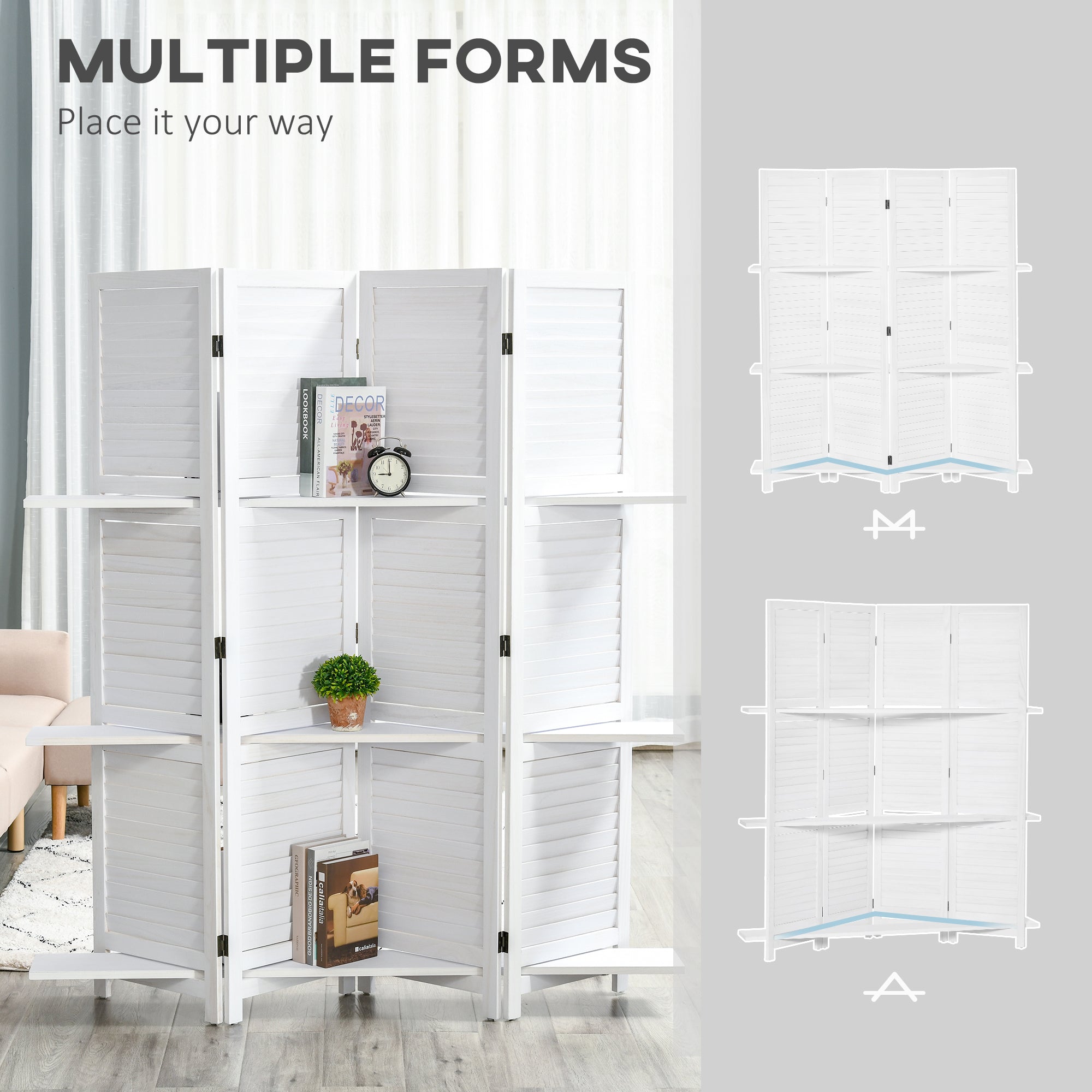 HOMCOM 5.6' 4-Panel Wood Room Divider Folding Privacy Screen Indoor Panels 3 Shelves White 