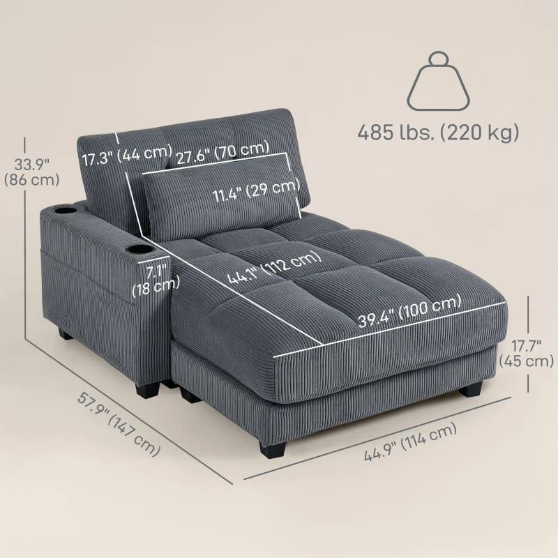 58" Chaise Lounge Indoor, Oversized Corduroy Sofa Bed with 2 Cup Holders, Pillow, Deep Seat Sleeper Couch, Dark Grey