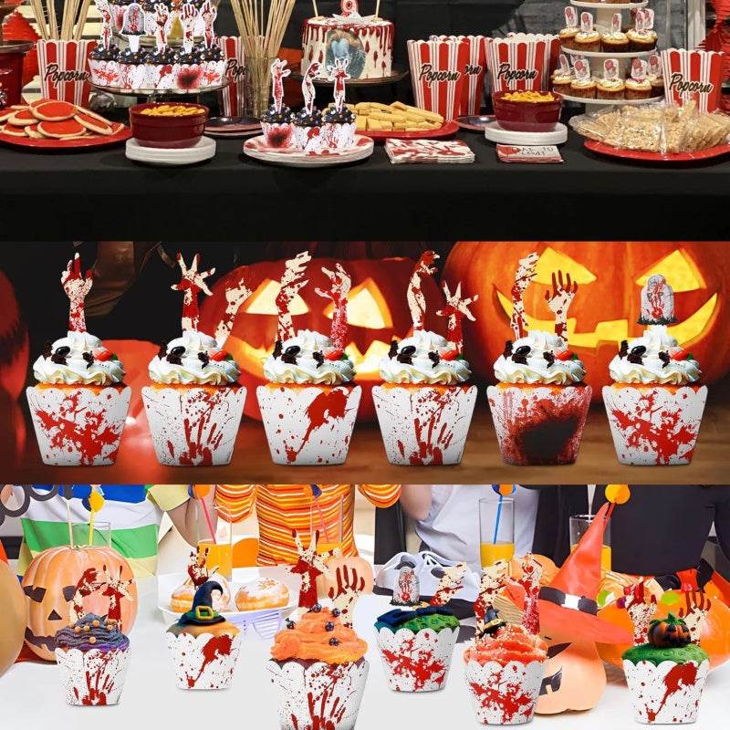 48Pcs Halloween Cupcake Toppers Wrappers Rip Kit Bloody Zombie Hand Cupcake Pick Decorations For Halloween Horror Movie Bloody Theme Birthday Party Cake Decorations Supplies 