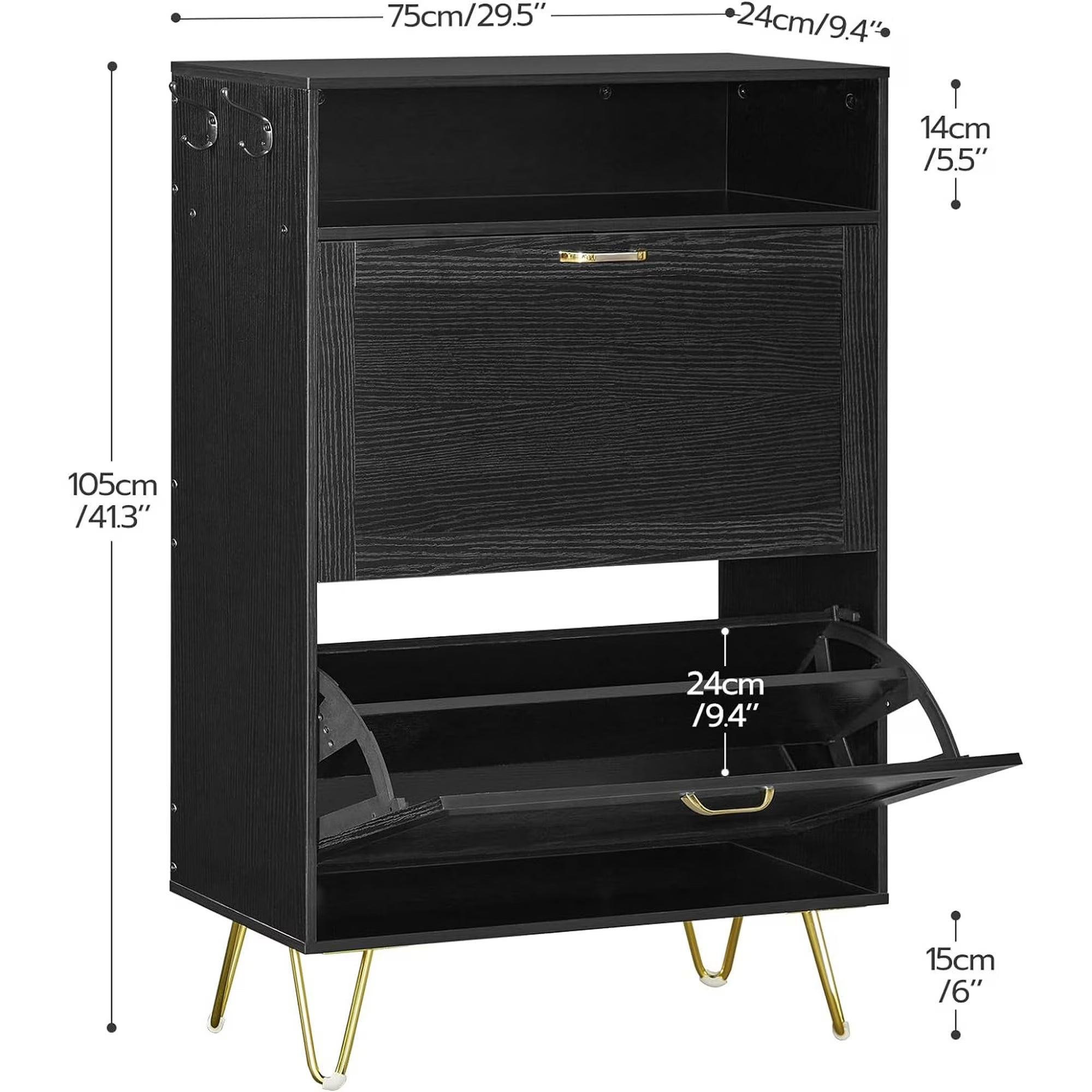 HOOBRO 41.3" Shoe Cabinet with 2 Flip Drawers & Open Shelves, Space-Saving Entryway Shoe Storage Cabinet, Black