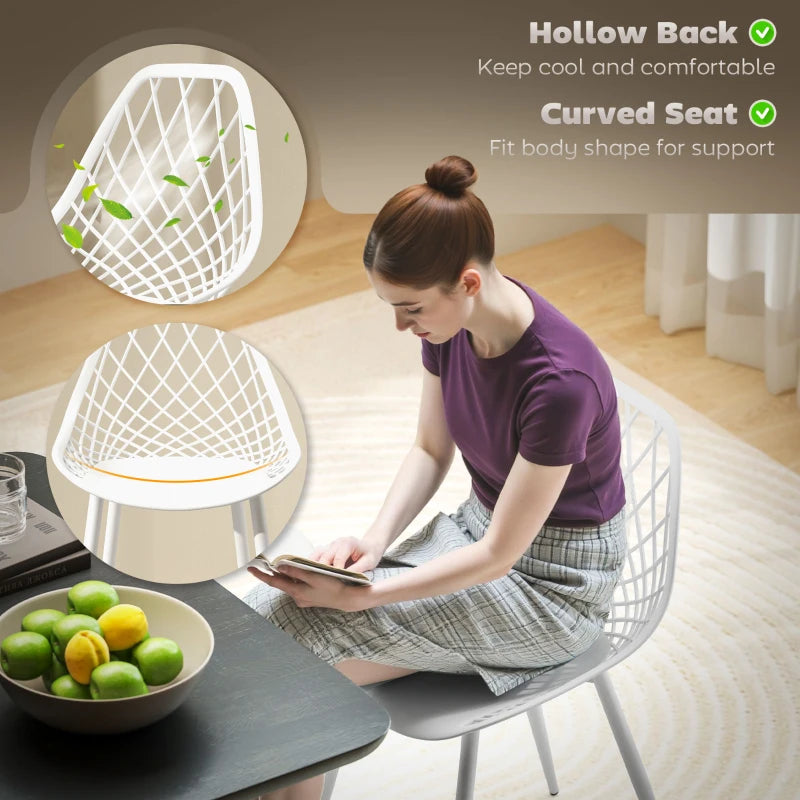 Modern Dining Chairs Set of 4, Plastic Kitchen Chairs with Hollow Backrest and Metal Legs for Living Dining Room, White