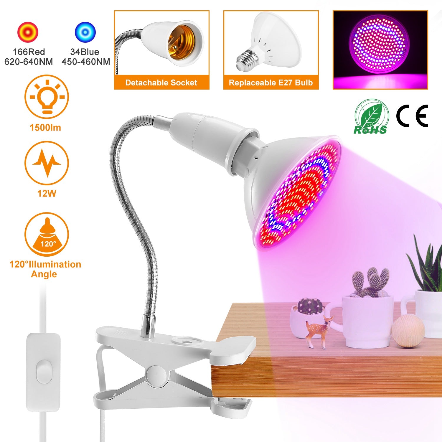 LED Grow Light 12W 200 Red Blue LEDs Plant Grow Lamp 360°Rotatable Plant Light w/ Desk Clip for Plants Indoor 