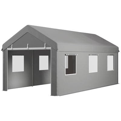 Outsunny Portable Carport 10'x20' Heavy Duty Garage Shelter with Mesh Windows Doors Grey 