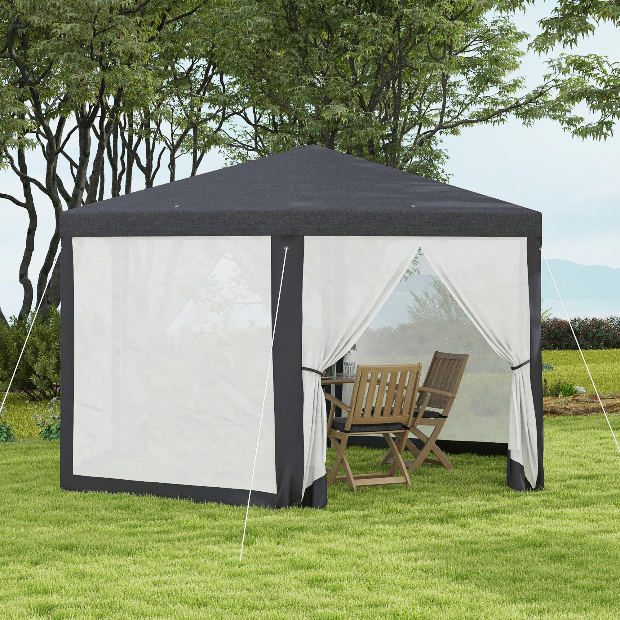 Outsunny Φ13' Hexagon Party Tent Patio Gazebo Outdoor Activity Event Canopy Quick Sun Shelter Pavilion with Netting Mesh Sidewall Dark Grey 