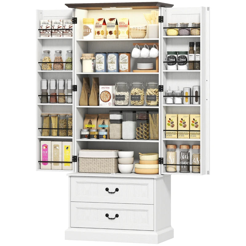 72" LED Kitchen Pantry Cabinet, Buffet Storage Cabinet with 10 Door Shelves, 2 Drawers and Adjustable Shelves, White