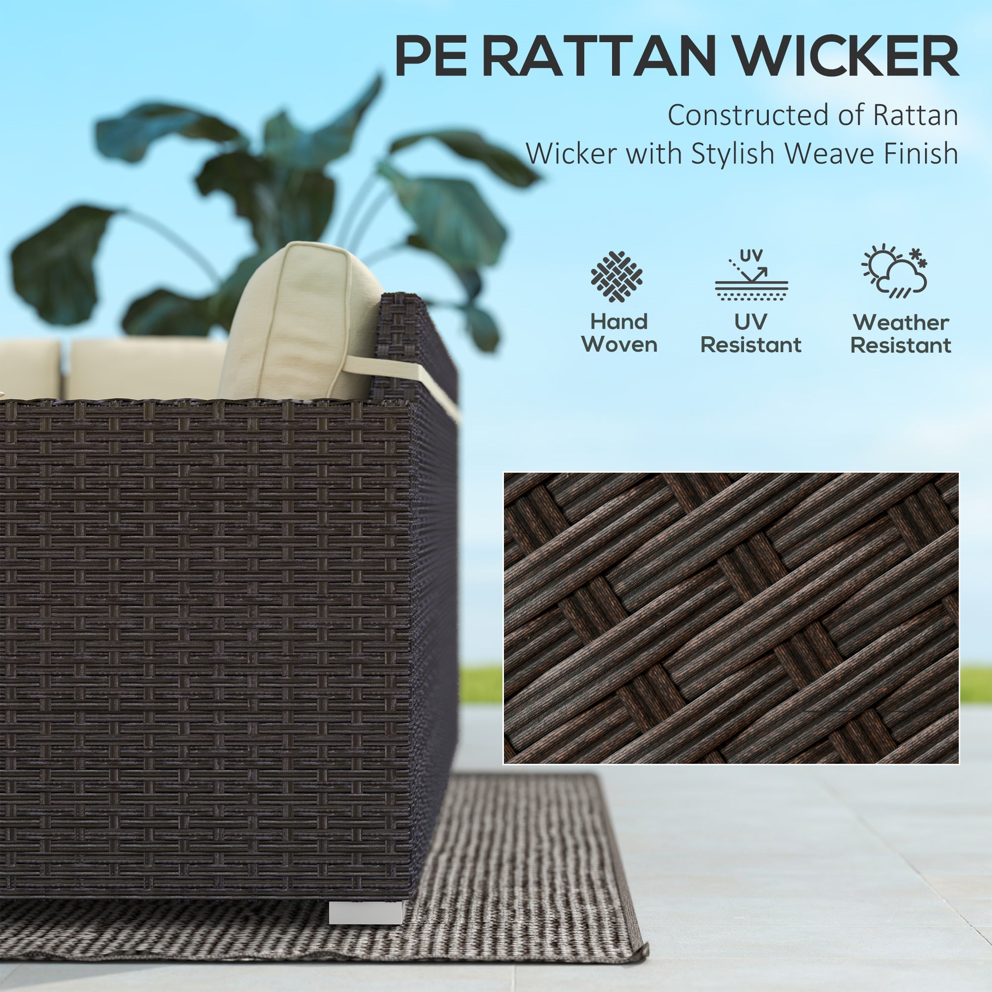 Outsunny 6 Pieces Outdoor Rattan Patio Furniture Set with Corner Sofa, Wood-Plastic Coffee Table, Light Khaki 